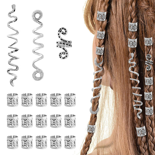18 PCS Hair Jewelry for Braids Accessories, Multiple Styles Dreads Hair Rings Hair Cuffs Clips, Metal Locs Hair Charms for Women Halloween and Everyday Dreadlock Accessories Hair Decoration(Silver)