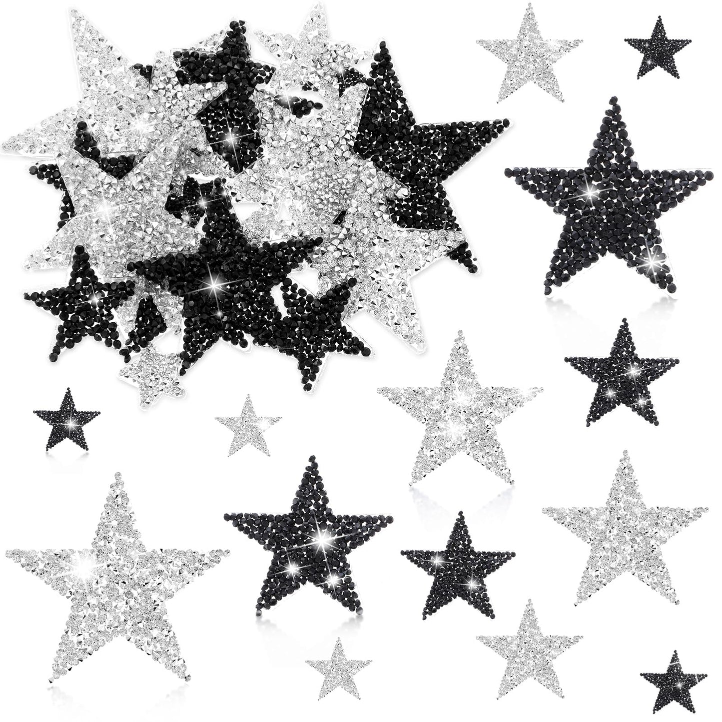 Nogeqi 24pcs Rhinestone Applique Sewing Star Patches,Star Iron on Patches Bulk for Clothing,Star-Shaped Hat Patches,Y2k Star Clothing Patches for Jackets, Backpacks, Jeans, Coats DIY(Black Silver)