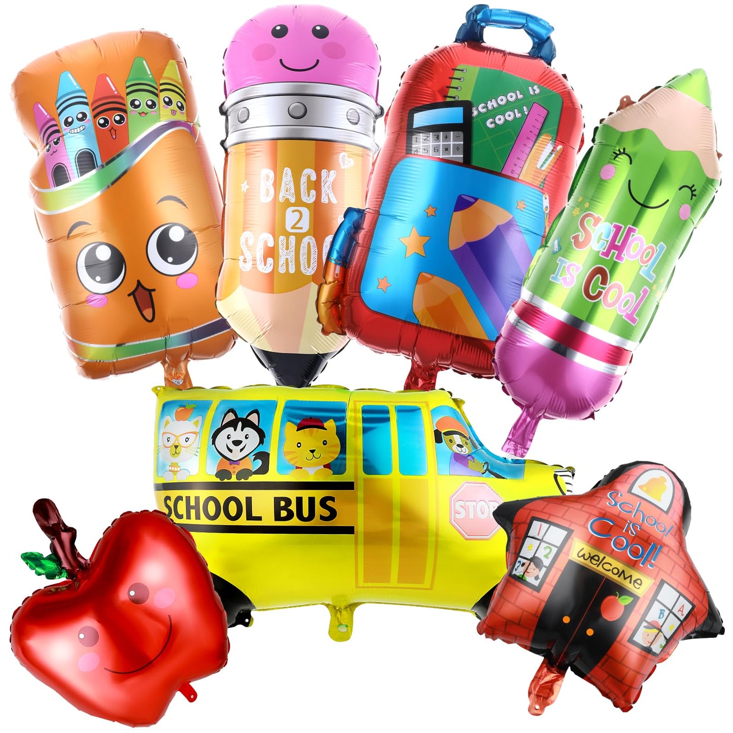 Teaaha 6pcs School Balloons Set, Aluminium Foil Balloons - School Bus, Pencil, Crayon, Fruit Box, Back to School Decorations, Unisex Kids, Children, School Staff