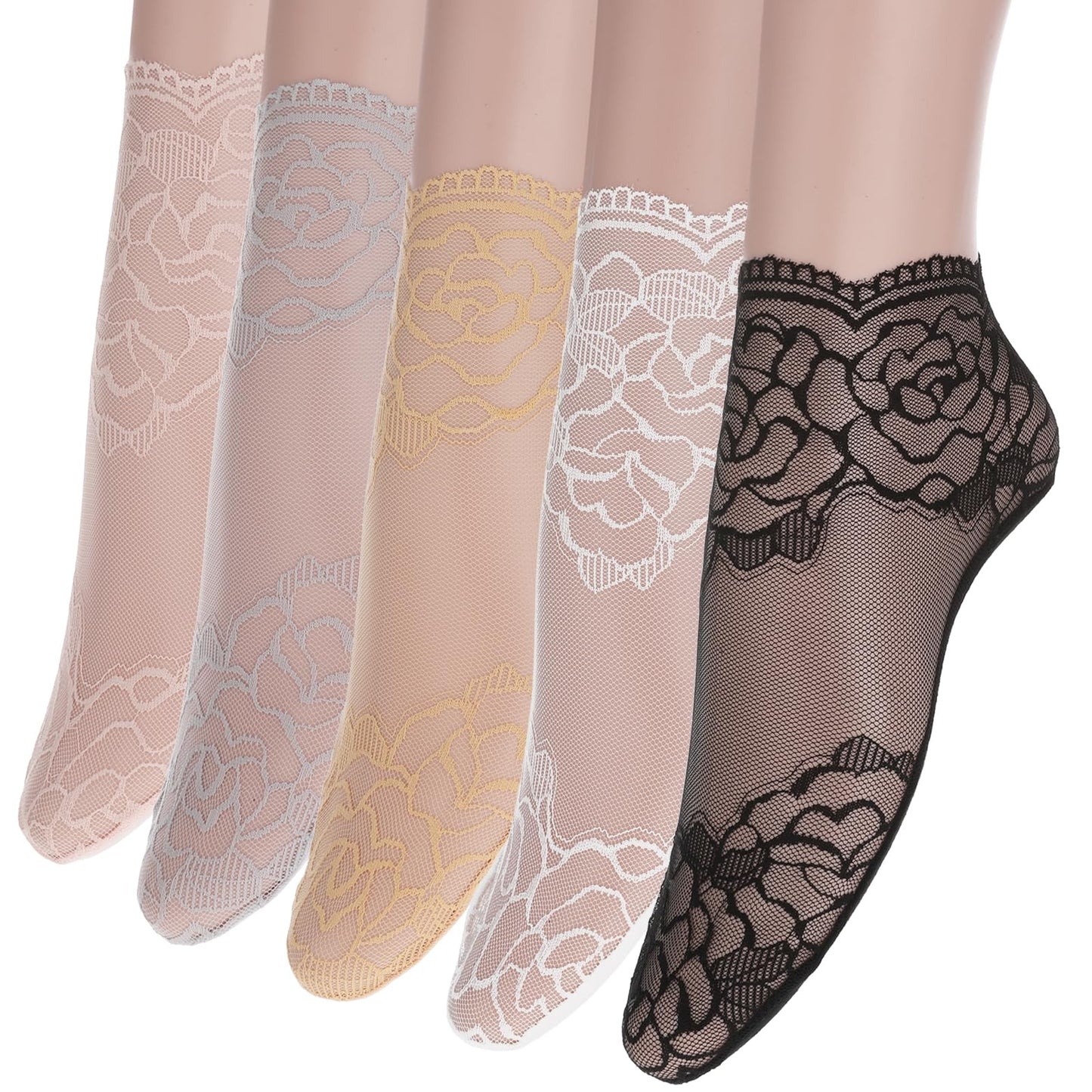 Ouligay 5 Pairs Women Lace Ankle Socks Sheer Ankle Socks Transparent Mesh Socks Anti Slip Thin Summer See Trough Socks