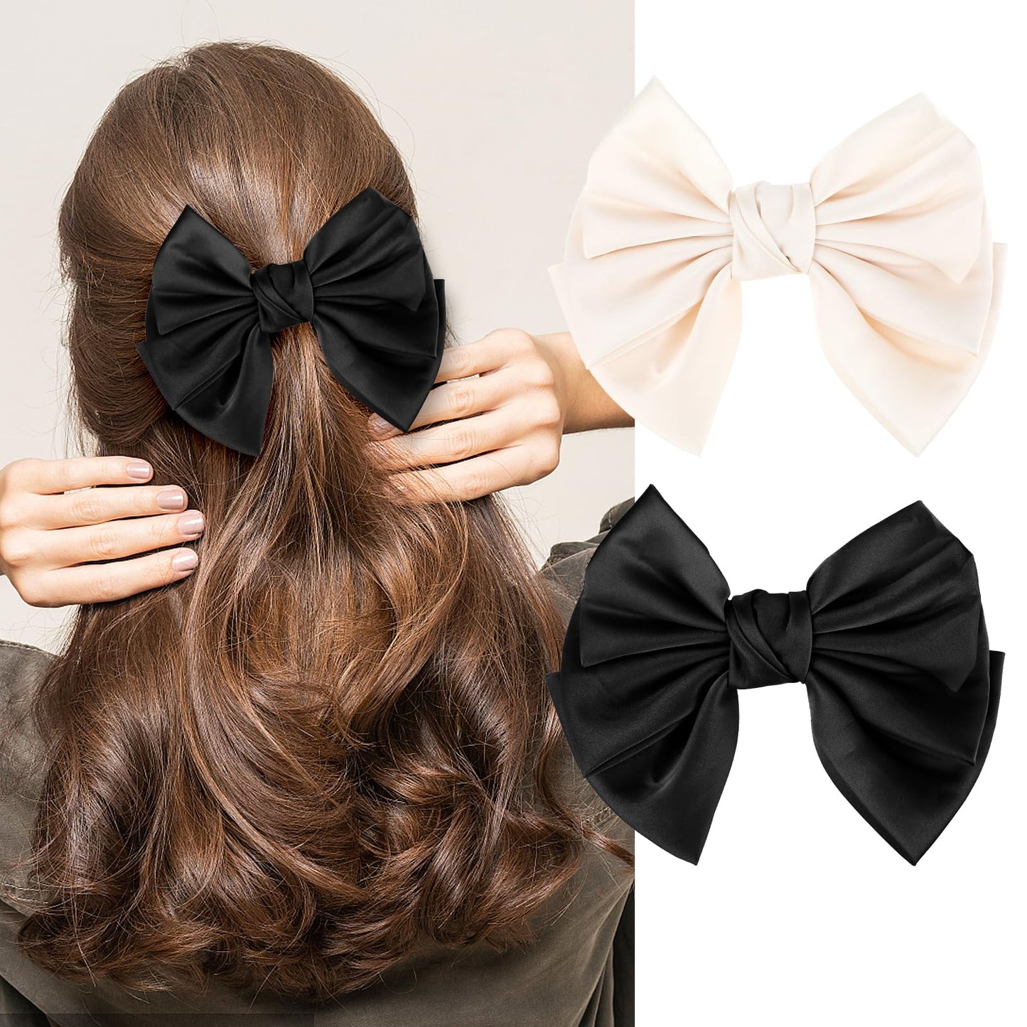 Tyqour 2pcs Satin Bow Hair Clips 7 Inch Double Layer Large Big Hair Bows, Matte Hairbows for Woman, French Style Hair Bow Clip Bowknot Hair Accessories for Women Girls Teens (Black+Apricot)