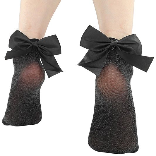 Xinjoduz 4 Pairs Glitter Socks Bow Shimmer Socks Sparkly Sock Women's Glitter Bow Ankle Sock Metallic Cozy Sheer Black Crew with Cute Satin Metallic Shimmer Slouch Sparkly for Women Girls (Black)
