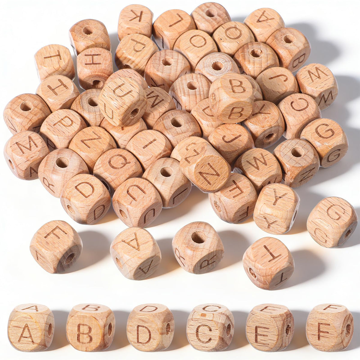 Mabor 52 Pcs Wooden Alphabet Beads - Large Natural Beech Letter Beads for Bracelets, DIY Crafts, 1.2cm Square with 0.4cm Hole