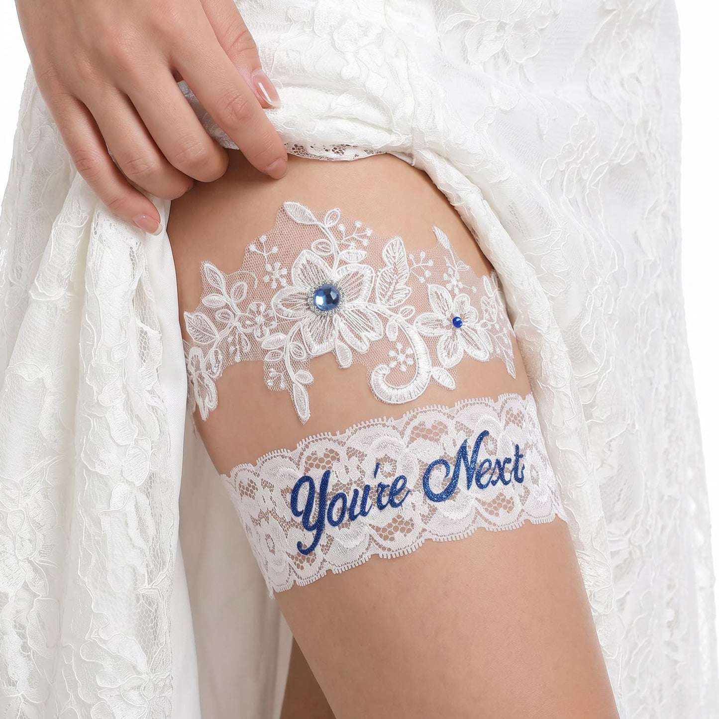Chsoejuf 2PCS Bride Wedding Garter White Blue Elastic Lace Bridal Garters