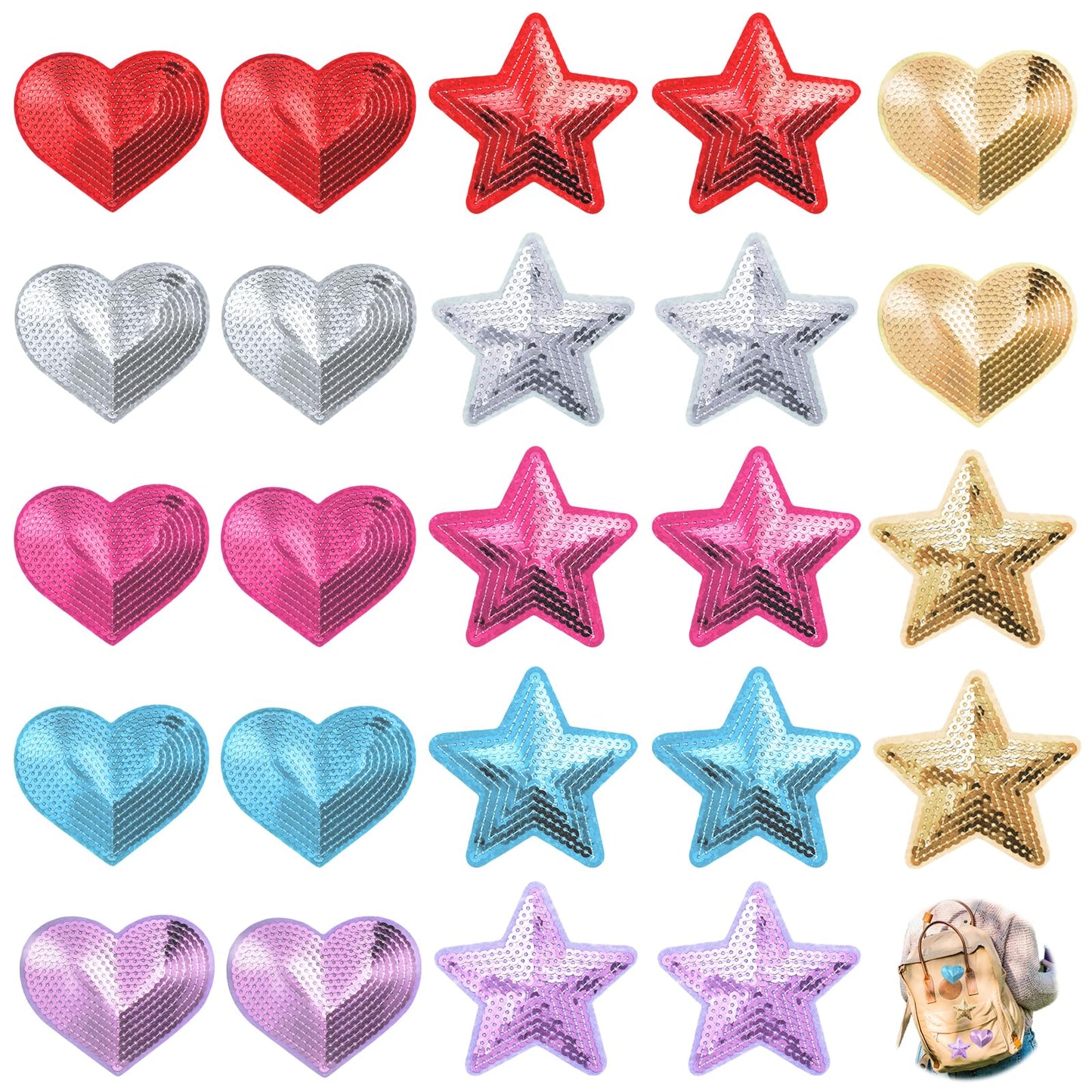 Tyqour 24pcs Sequins Heart Star Patches Iron on Small Star Heart Iron on Patches Iron on Star Patches Sequin Patches for Clothes Jeans Shoes Hats Backpacks DIY