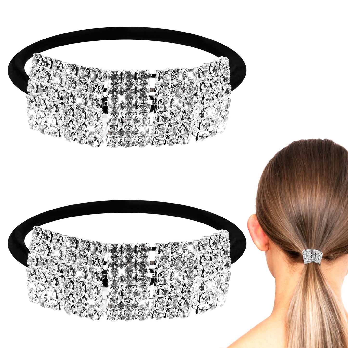 2 Pcs Rhinestone Hair Ties Sparkly Hair Accessories Elastic Crystal Hair Scrunchies Sparkling Ponytail Holder Hair Accessories For Thin Thick Hair Women Girls Hair Bands Silver