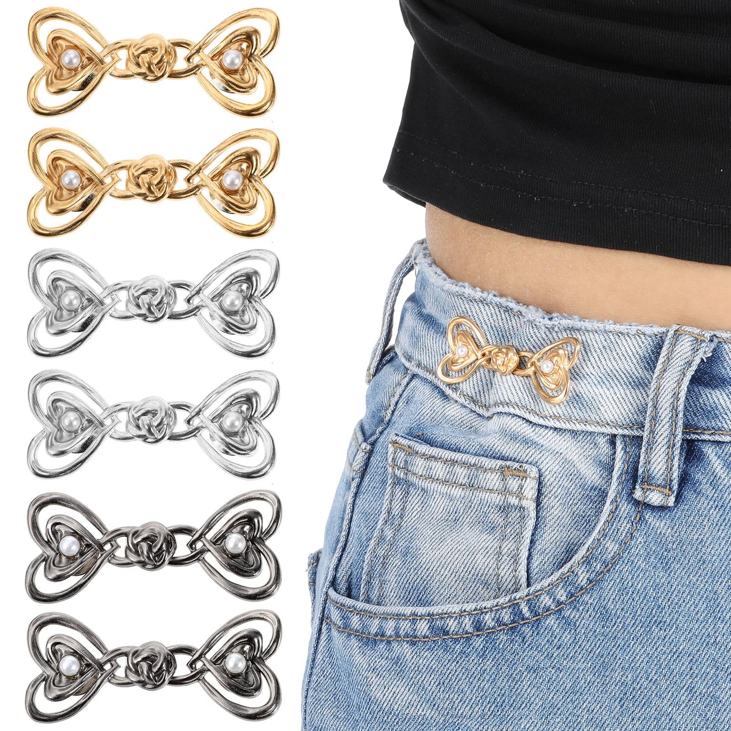 Mabor 6 Set Pants Waist Tightener Heart Waist Adjuster for Loose Pants Jeans to Make Smaller Pearl No Sew Pant Clips No Sewing Decoration Accessories