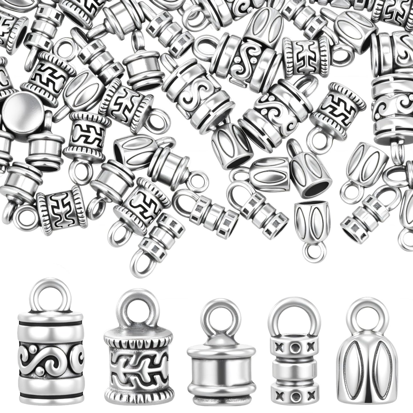 Xinjoduz 100 PCS Cord End Caps for Jewelry Making, Antique Silver Alloy Crimp Beads End Caps Terminator Ended Tube Tips with Lobster Clasps Jump Rings for DIY Crafts Bracelets & Necklaces (5 Styles)