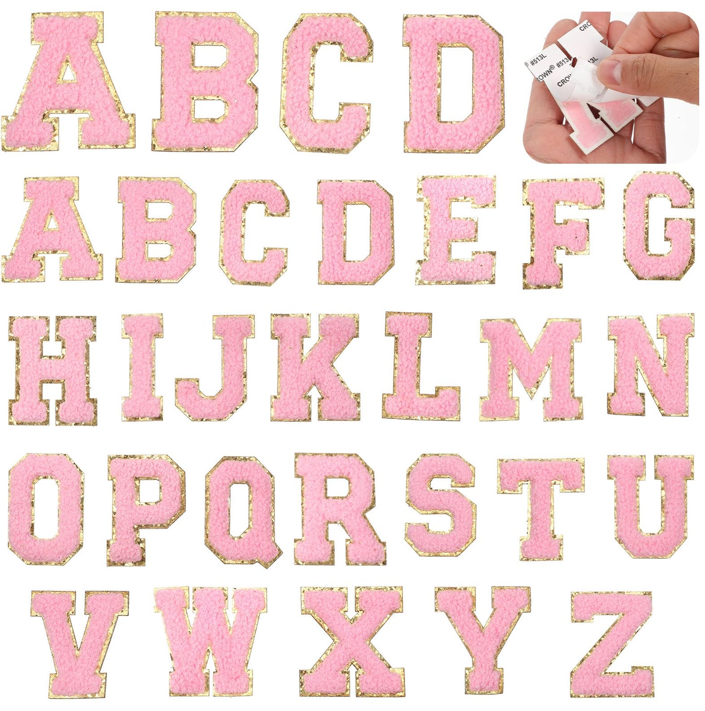 26PCS Chenille Letter Patches Self Adhesive Letter Patches A-Z Alphabet Embroidered Applique Preppy Patche with Glitter for Clothing DIY Backpacks Hat Repair( 2.2×1.6 Inches)(Pink)