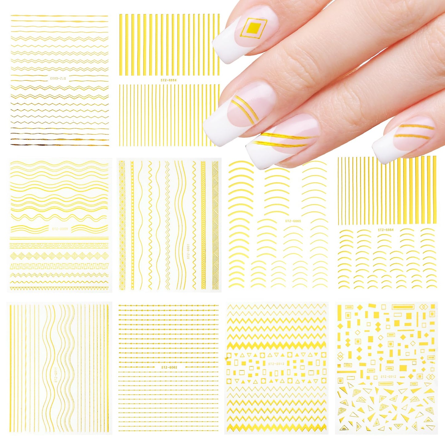 Mabor 10 Sheets Gold Nail Tape for Nail Art Adhesive Gold Curve Stripe Lines Nails Stickers Wave Decals for Women Girls DIY Manicure Nails Decoration Nail Strips