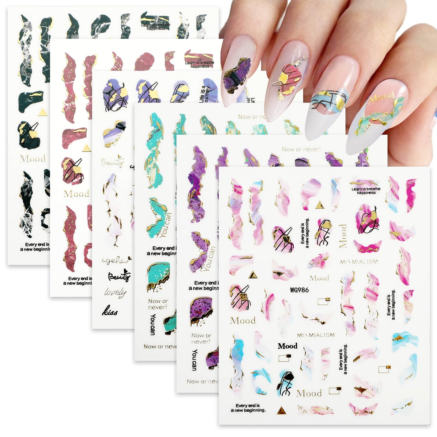 Mabor 6 Sheets Marble Nail Art Stickers, Self Adhesive Nails Stickers and Decals Nail Stencils for Nail Art DIY Manicure Nails Decoration Accessories Nail Design Supplies