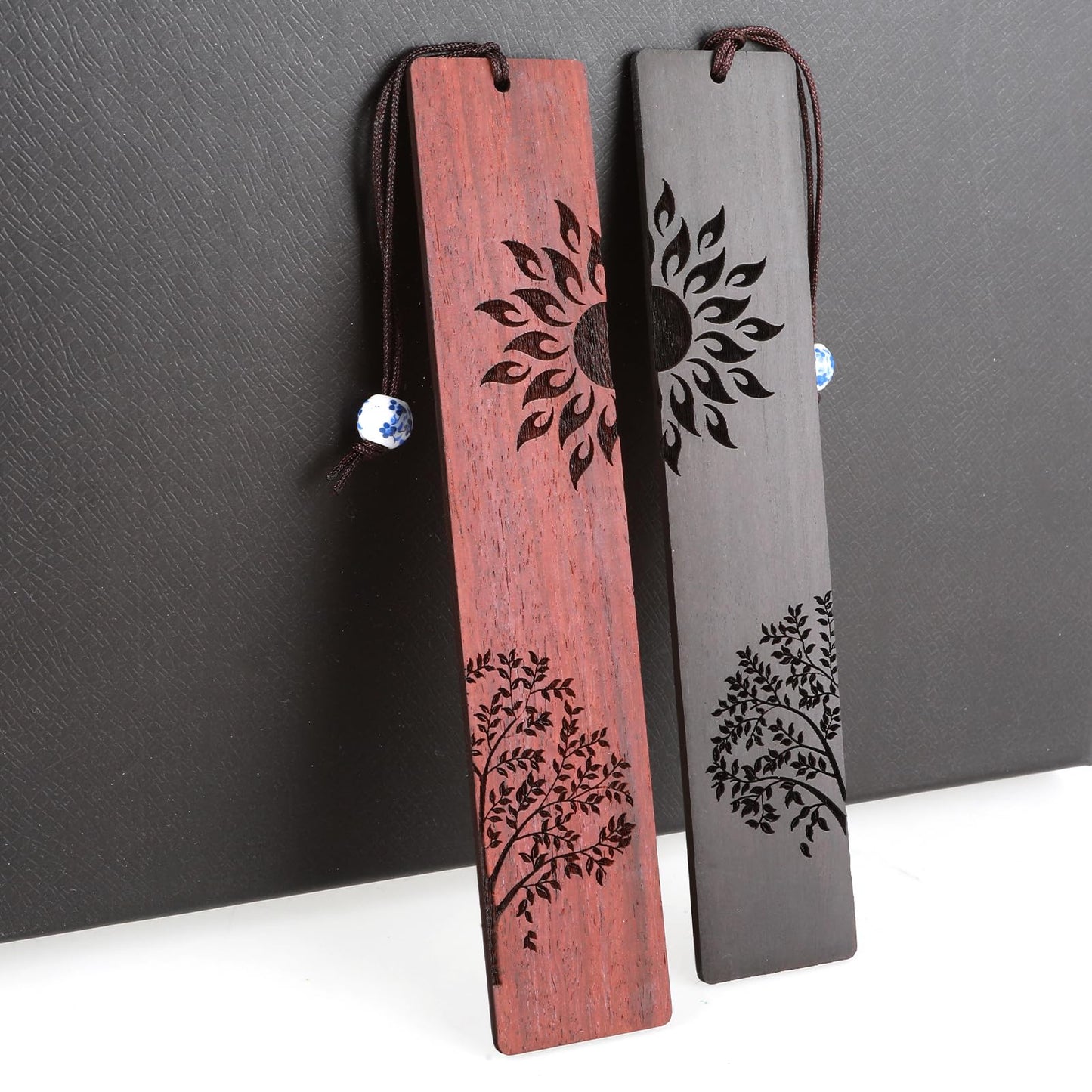 2Pcs Wooden Bookmarks for Men Women, Mabor Chinese Style Handmade Carved Book Marks Accessories for Book Lovers Sun&Tree Engraved Book Mark Gifts for Birthday Teacher Appreciation