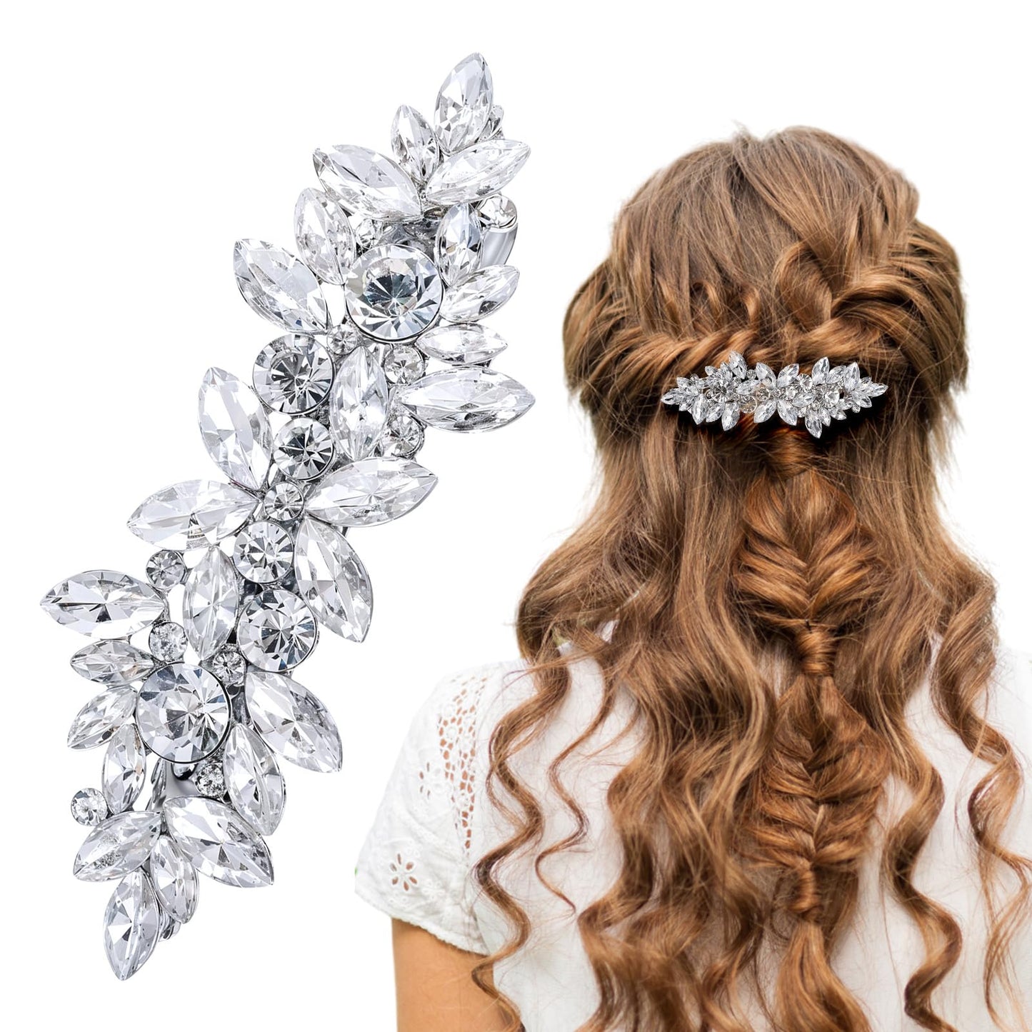 Xindojuz 1 PCS Rhinestone Hair Clips, Silver Fancy Hair Clips for Women, Sparkly Crystal Hairpins, Large Fancy Flower Bridal Hairs Barrettes for Wedding Bride Party Prom Long Thin Hairs (Silver)