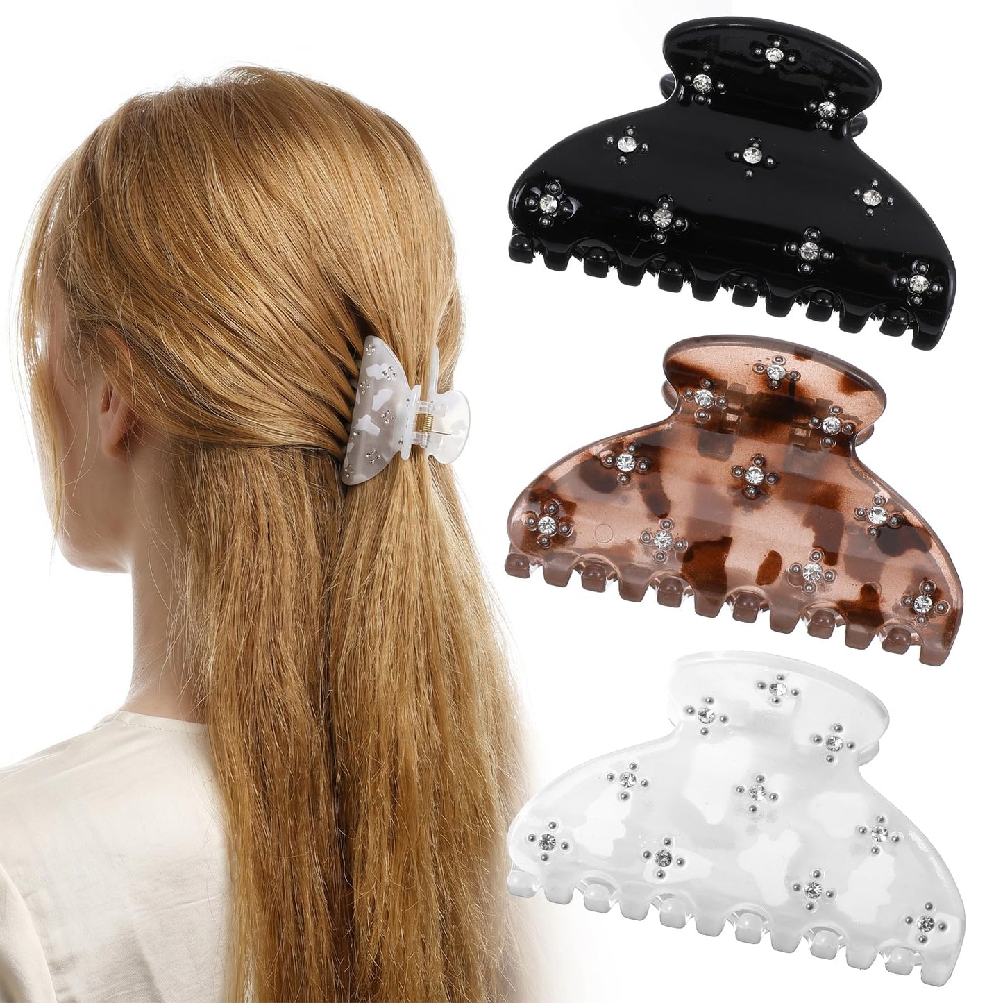Mabor 3 Pcs Rhinestone Claw Clips for Women, 2.6 Inch Acetate Jaw Claw Clip for Thick Thin Hair, Strong Hold Non-Slip Accessories Set