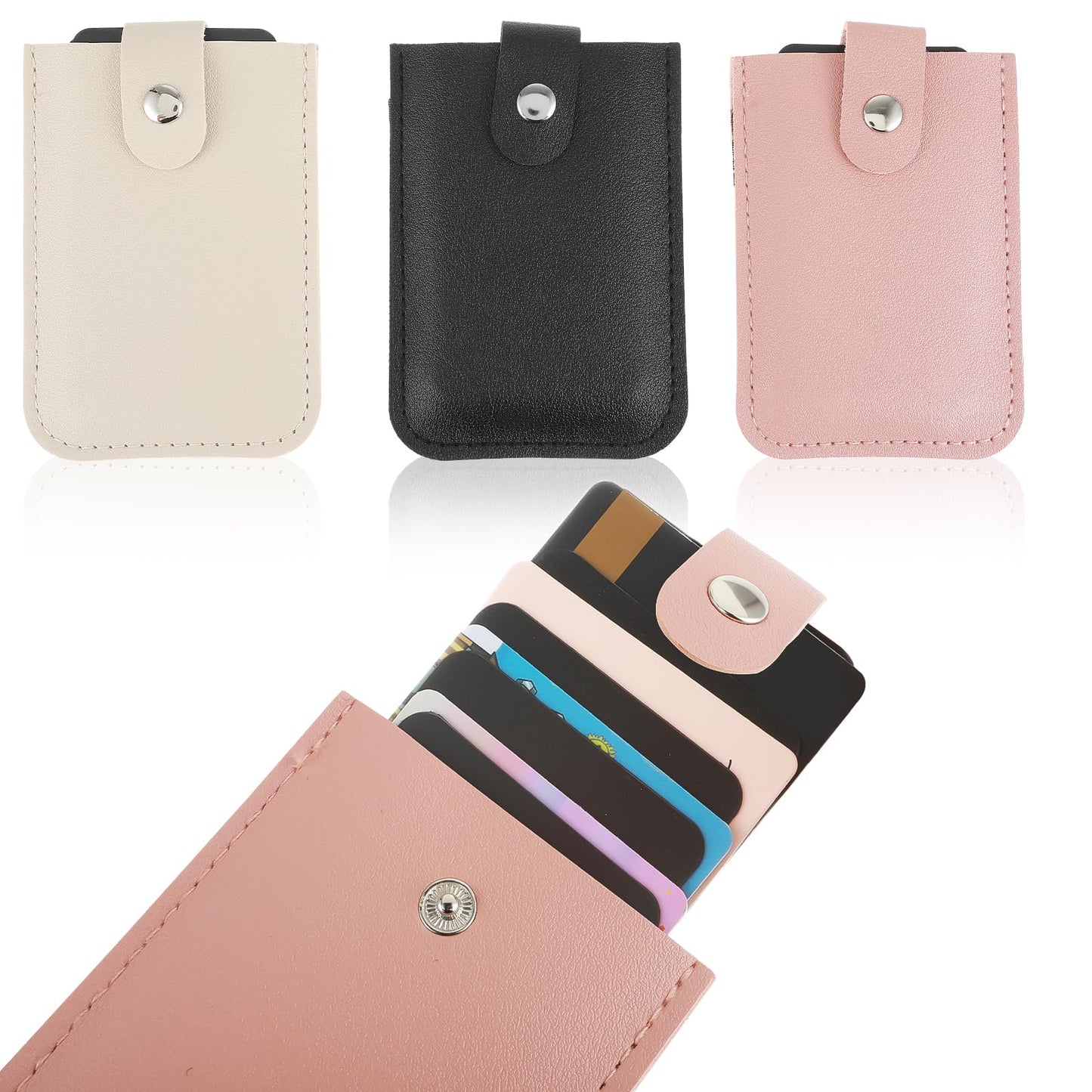 Nogeqi 3 Pcs Leather Card Holder for Women, Personalized Slim Card Holder, Leather Card Wallet, Stackable Pull Out Womens Card Holder Wallet with 5 Card Slots (Black, Pink, White)