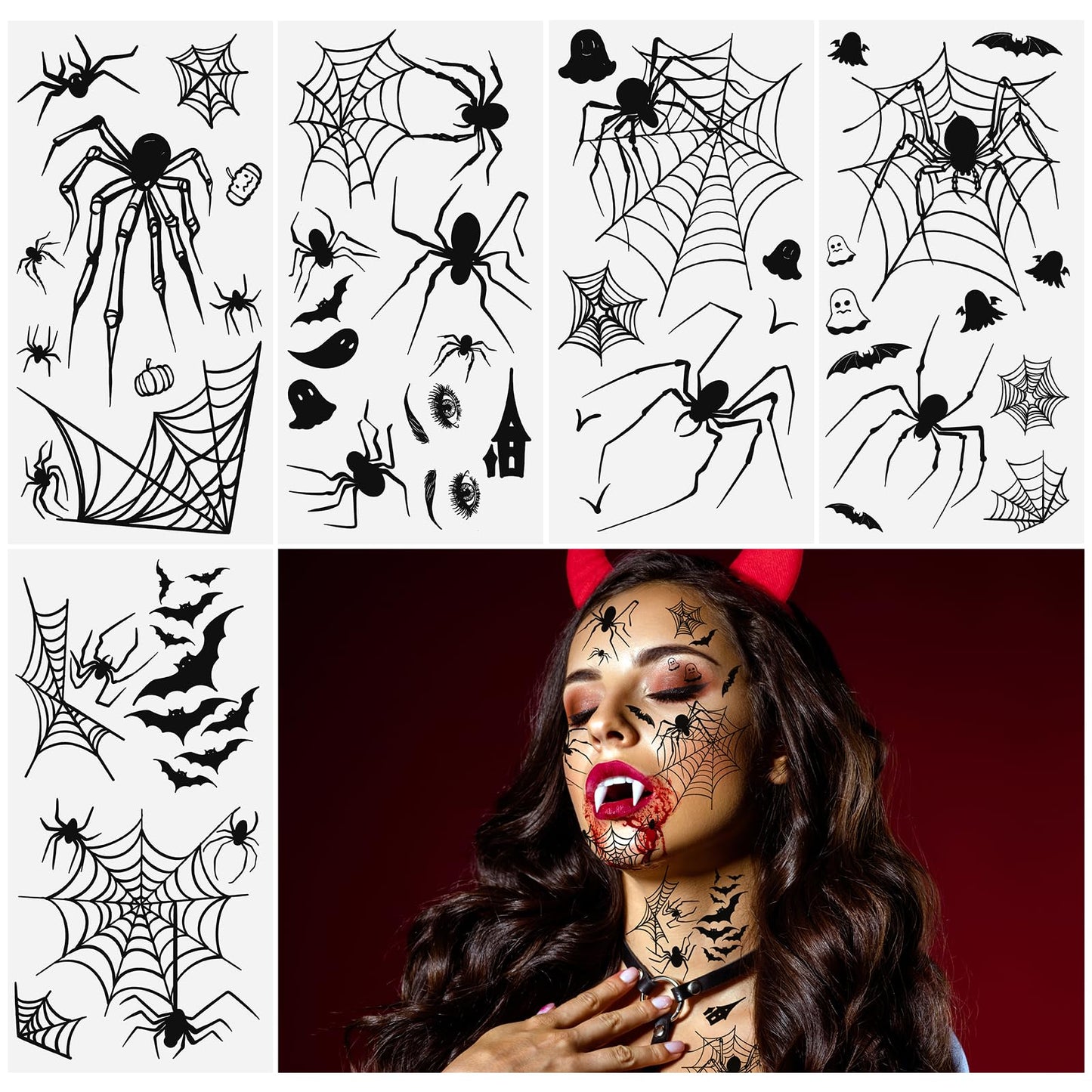 5 Sheets Spider Temporary Tattoo Kids Spider Webs Face Tattoos Makeup Kit 3d Spider Web Temporary Tattoos Realistic Witch Bat Zombie Fake Face Tattoos Sticker For Kids Adults Scary Halloween Decals