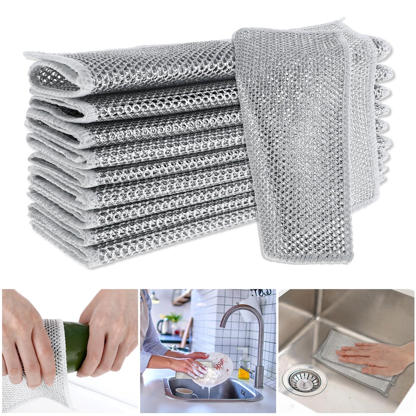 10 PCS Non Scratch Wire Dish Cloth, Multipurpose Wire Dishwashing Rags Cleaning Cloths Towels Steel Premium Scrubbing Wire Dishwashing Rags for Cleaning Grills Hobs Dishes Sinks Counters