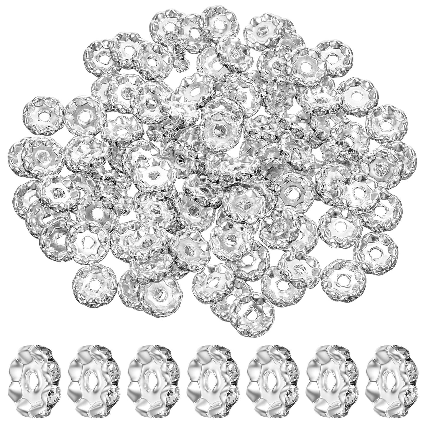 100 PCS Rhinestone Beads for Pens Making, 12mm Rondelle Beadable Spacer Beads, Silver Fancy Glitter Wave Diamond Crystal Bead for Pen Bracelet Necklace Jewelry Making DIY Craft Supplies