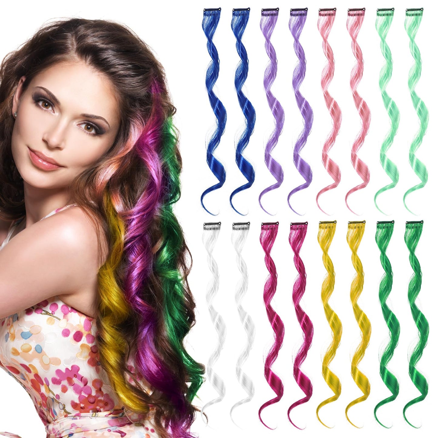 Tyqour 16 Pcs Coloured Hair Extensions, 20 Inch Rainbow Hair Extensions Crazy Hair Day for Kids, Curly Fake Hair, Coloured Hair for Braiding Party Highlights Accessories Hair Pieces for Women