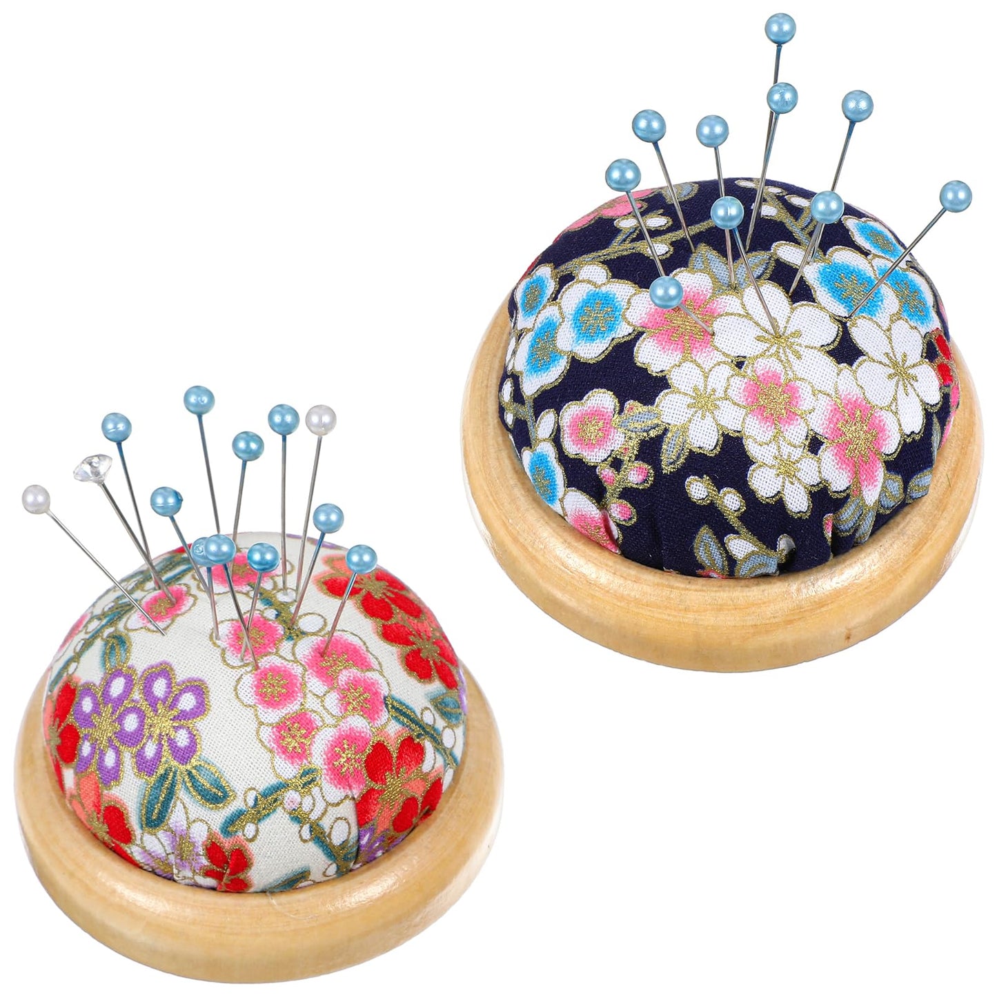 2 Piece Sewing Pin Cushions, Japanese Style Round Pincushions for Sewing Needle Holders, Wooden Base Sewing Pin Cushion, Round Shaped Needle Holders for Sewing, Quilting DIY Crafts (White, Navy)