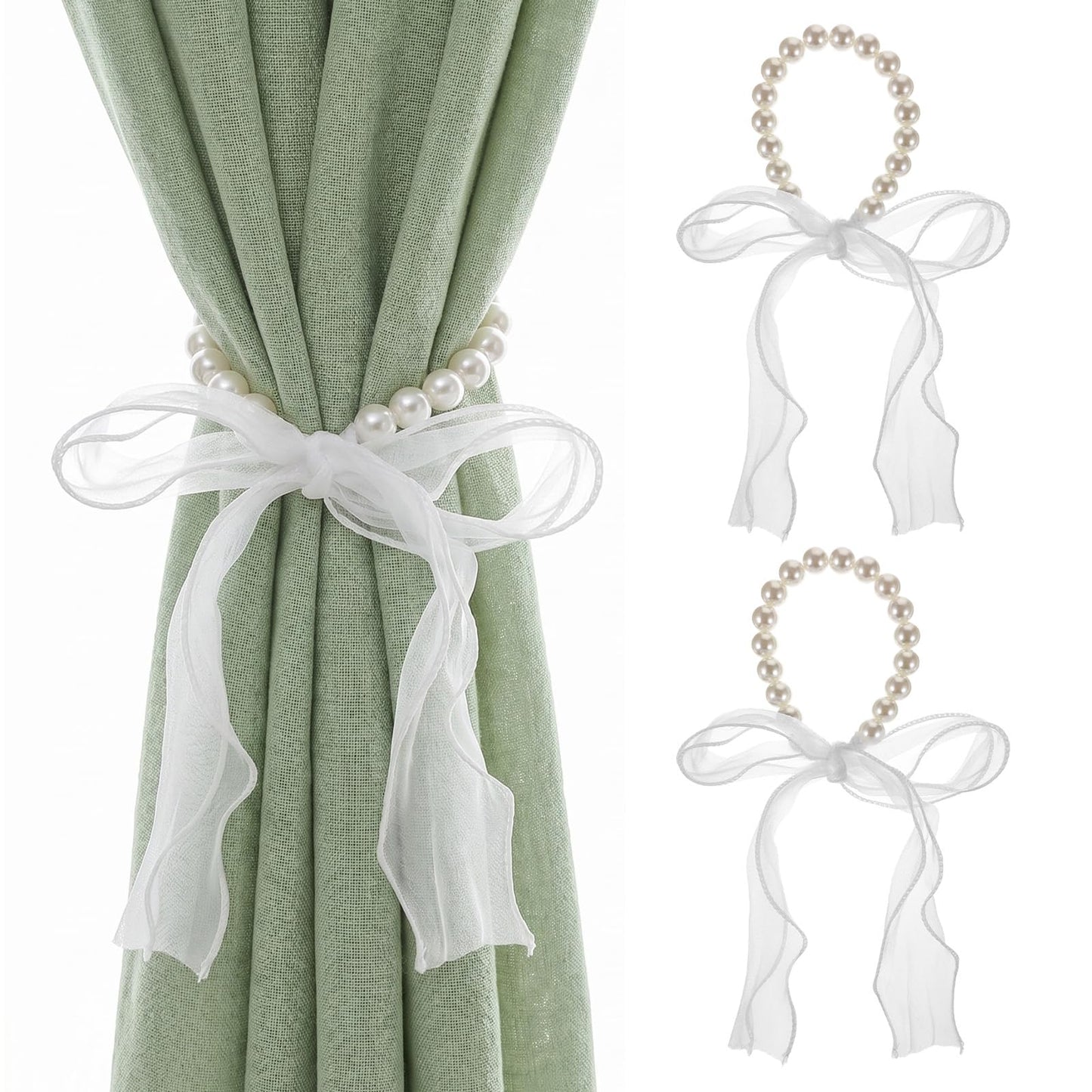 Nogeqi 2 Pcs Curtain Tie Back, Pearl Curtain Tiebacks with Ribbon, Decorative Bow Tie Backs for Curtains, Curtain Holdbacks for Living Room, Bedroom & Home Décor