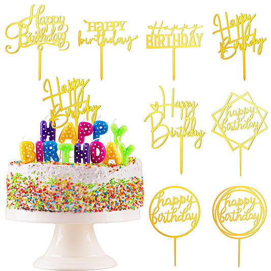 Tyqour 8Pcs Gold Happy Birthday Cake Topper, Acrylic Cake Topper, Glitter Cake Decorations for Girls Boys Kids Father Mother Birthday Party Decoration Supplies