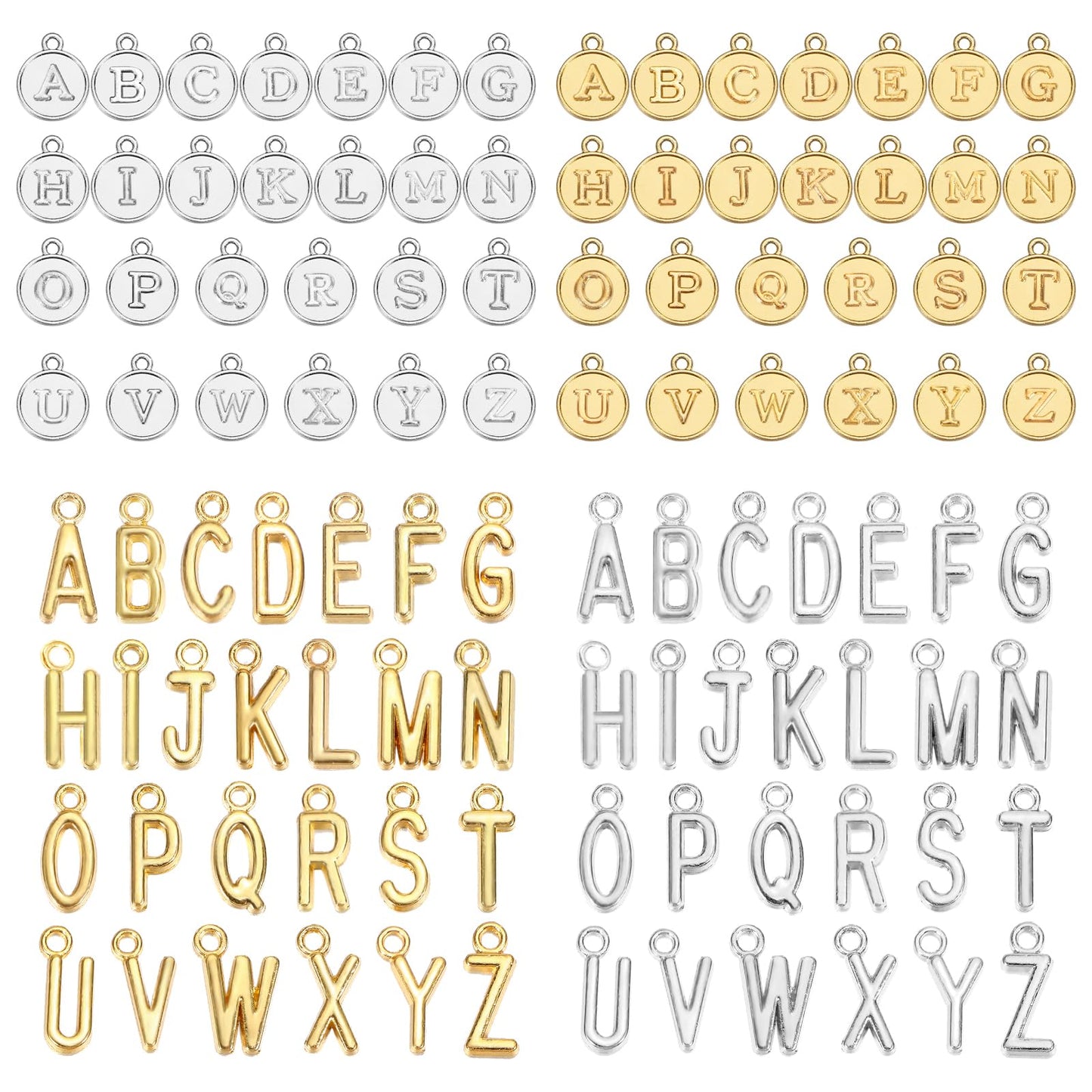 Xinjoduz 104 PCS/4 Sets Letter Charms, 2 Styles Silver and Gold Letter Charms for Jewelry Making Capital A-Z Initial Charms Alphabet ABC Pendant Charms for Necklaces Bracelets DIY Crafting