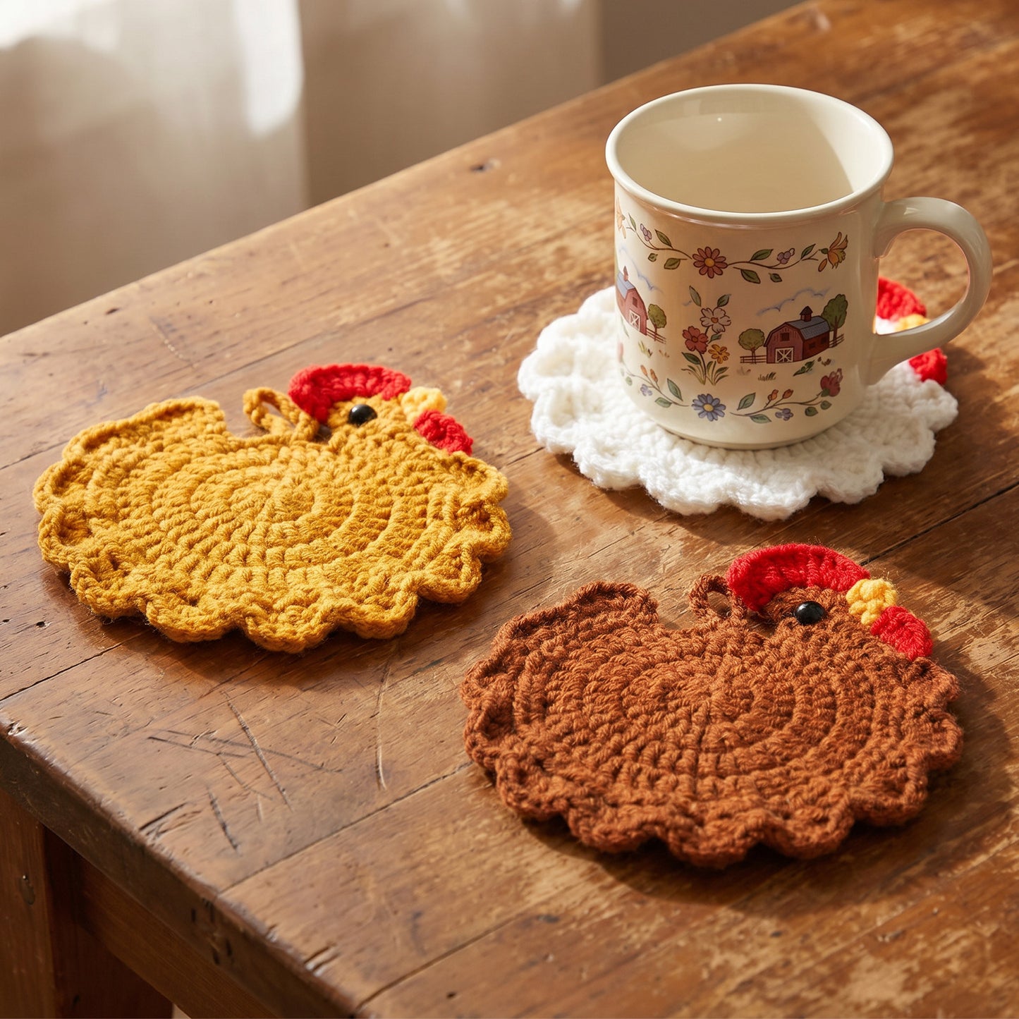 RAHHLIZS Handmade Crochet Chicken Coasters Set of 3, Cute Knit Crochet Coasterss, Farmhouse Chicken Gifts for Women, Absorbent Insulating Chicken Coasters for Table Decor