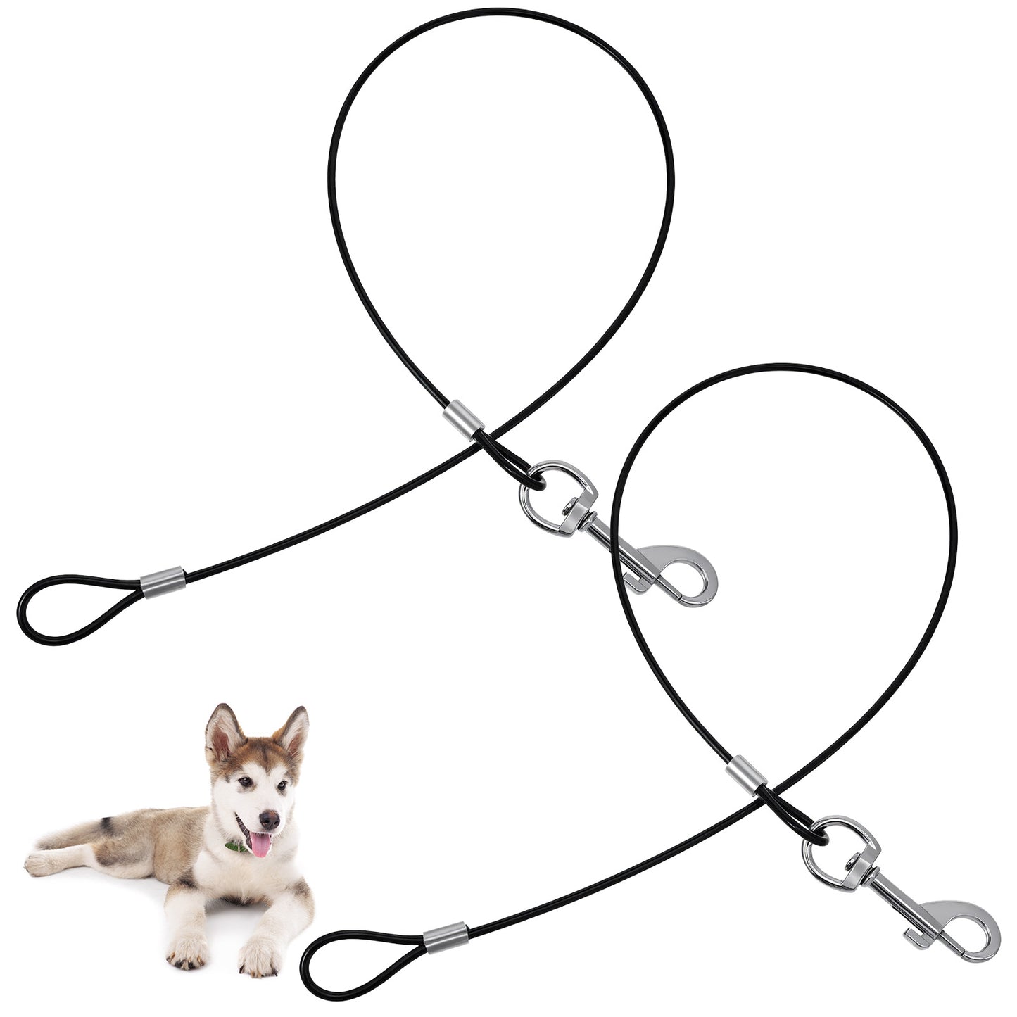 Tyqour 2pcs Chew Proof Dog Leash, Short Double Clip Dog Car Leash, Black 3mm x 60cm Durable Tether for Car Safety for Collars & Harnesses