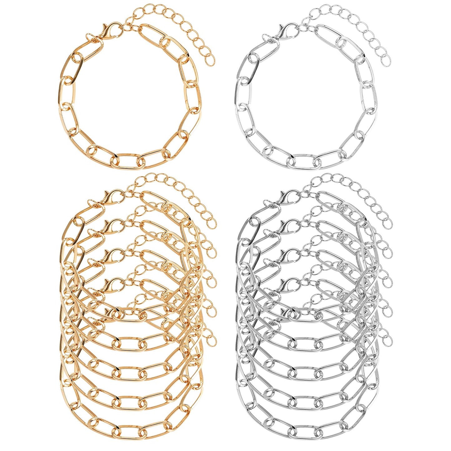 12 Pcs Paperclip Chain Bracelets Kit Stainless Steel Adjustable Charm Bracelets with Lobster Clasps Gold and Silver Chains for Jewelry Making Paperclip Bracelets for Women 8.26 Inch