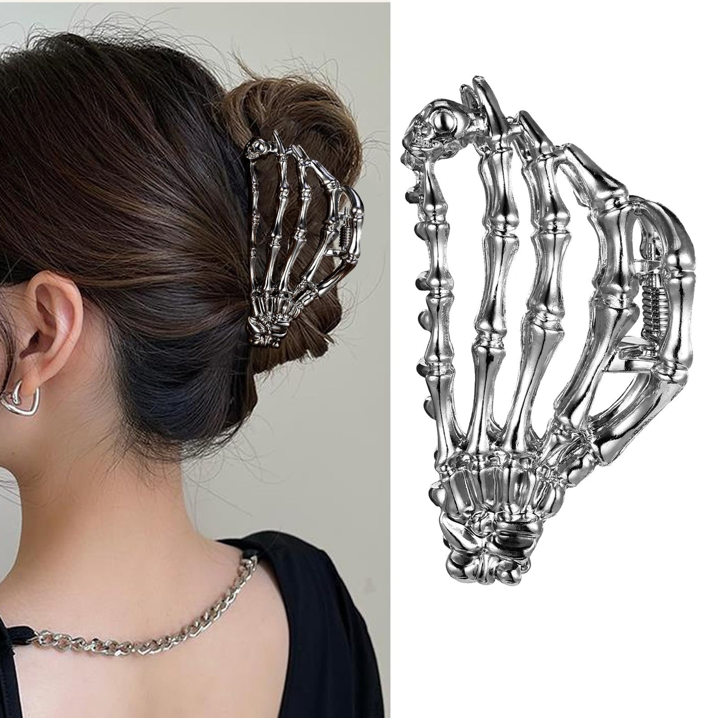 Mabor Skeleton Hand Metal Hair Claw Clips Goth Hair Clips Skull Hand Jaw Clips for Thin Hair Cool Ghost Hand Hair Clamps Hair Accessories for Cosplay Halloween Decorations