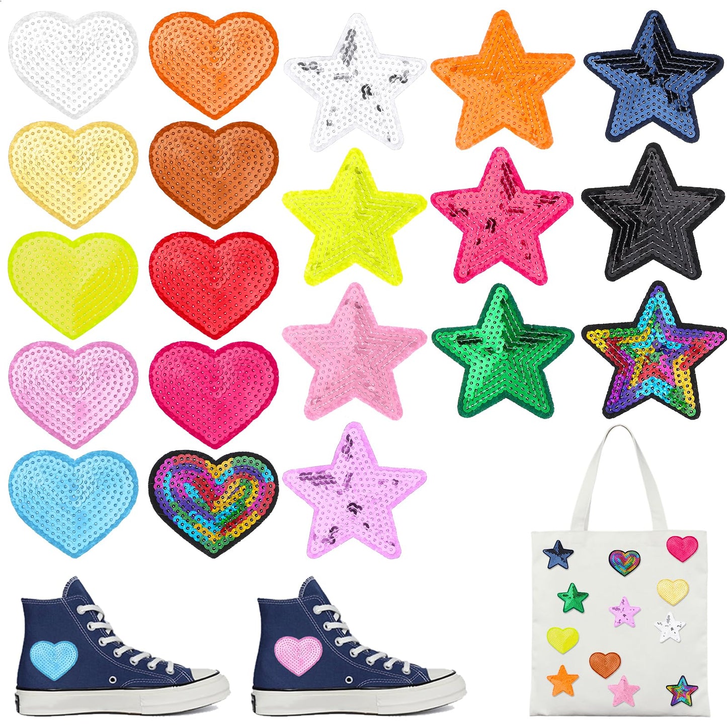 Xinjoduz 20 PCS Star Iron on Patches Sequin Embroidered Patches Sew on Patches Appliques Embellishments Glitter Iron Patches for Clothing, Jeans Jackets, Backpacks Costume(20 pcs Star Heart)