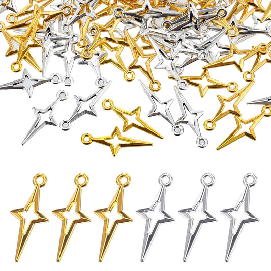 120 PCS Star Charms for Jewelry Making, Gold Silver Star Pendant Charm Mini Jewelry Making Pendants Hollow Four Pointed Stars Charms for Bracelets Necklace Earrings DIY Craft Supplies Charm Connectors