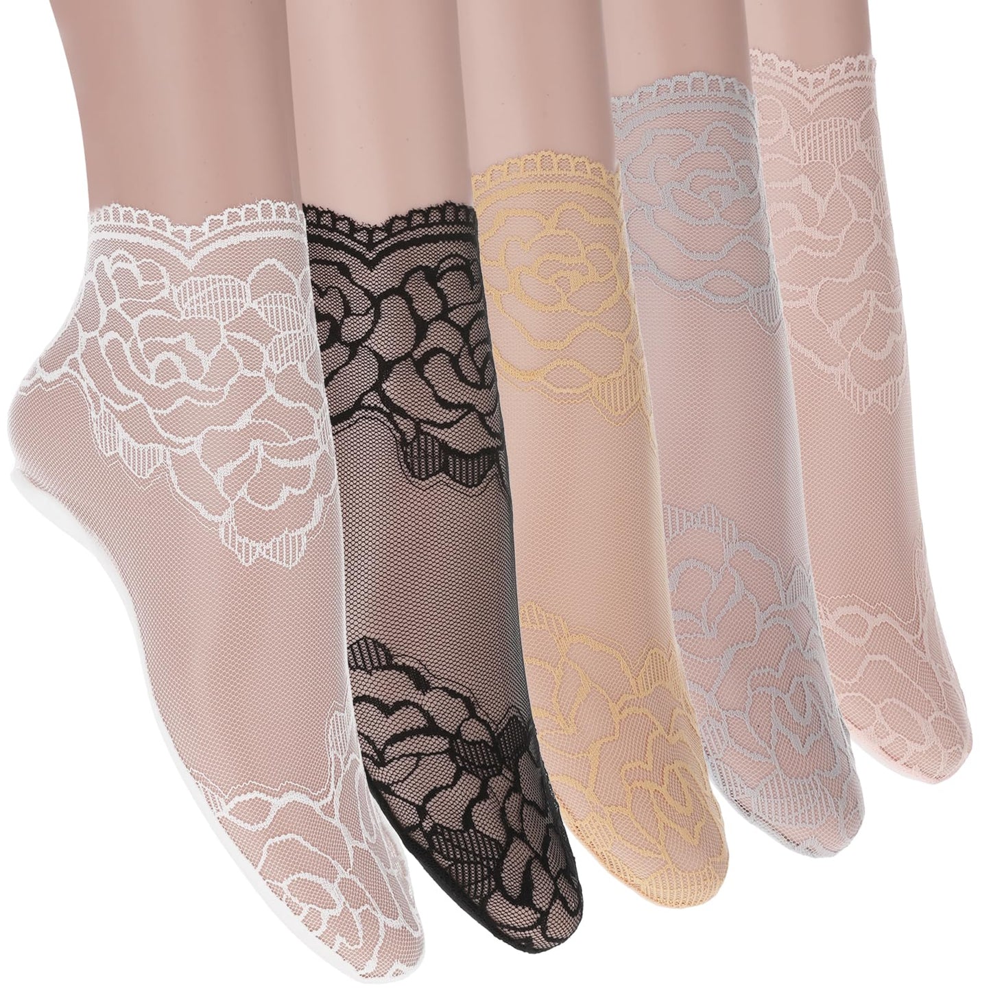 Tyqour 5Pairs Women's Lace Socks Sheer Lace Socks Fishnet Socks Ankle Mesh Lace Socks Lace Loose Socks for Women Girls