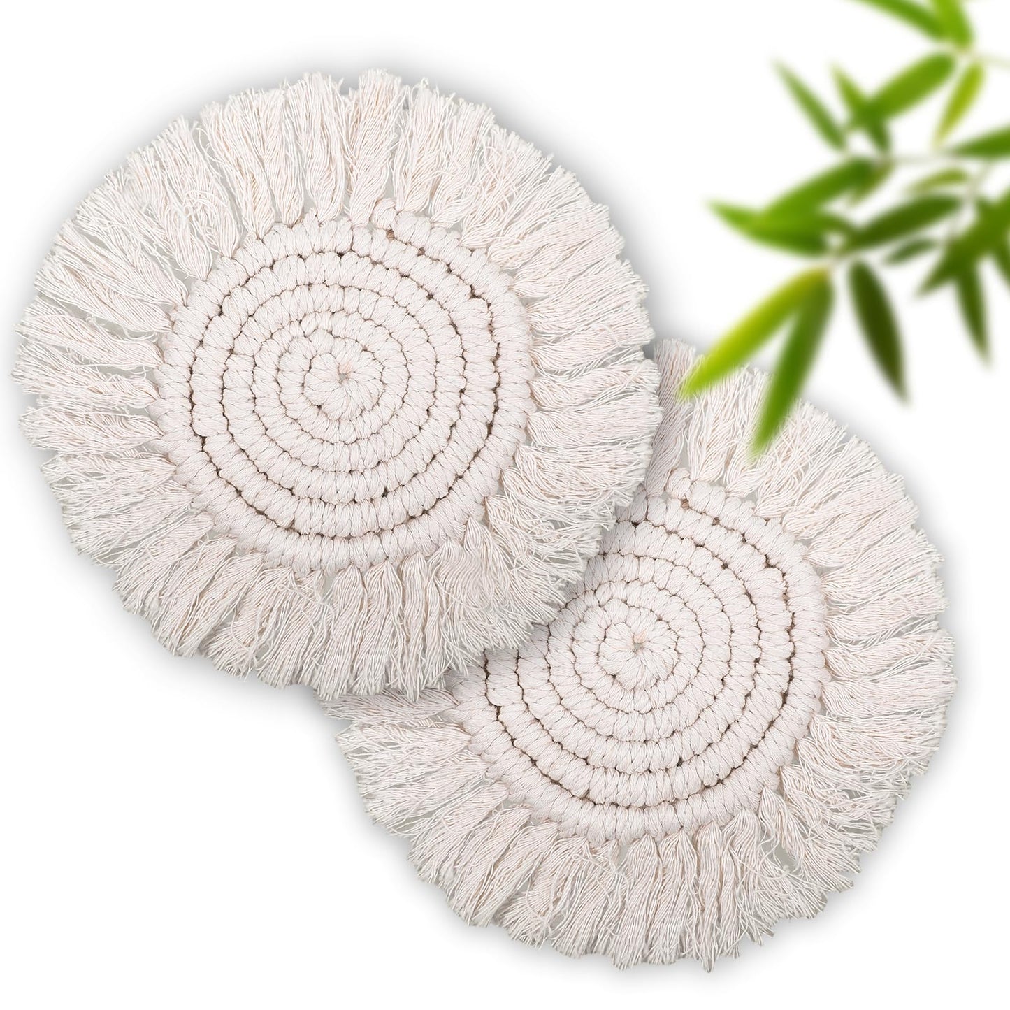 2 PCS Boho Coasters Woven Coasters Cotton Coasters Boho Macrame Coasters Set Farmhouse Handmade Woven Macrame Coaster with Tassel for Mugs Cups Coffee Home Kitchen Office Wooden Table Decor (White)