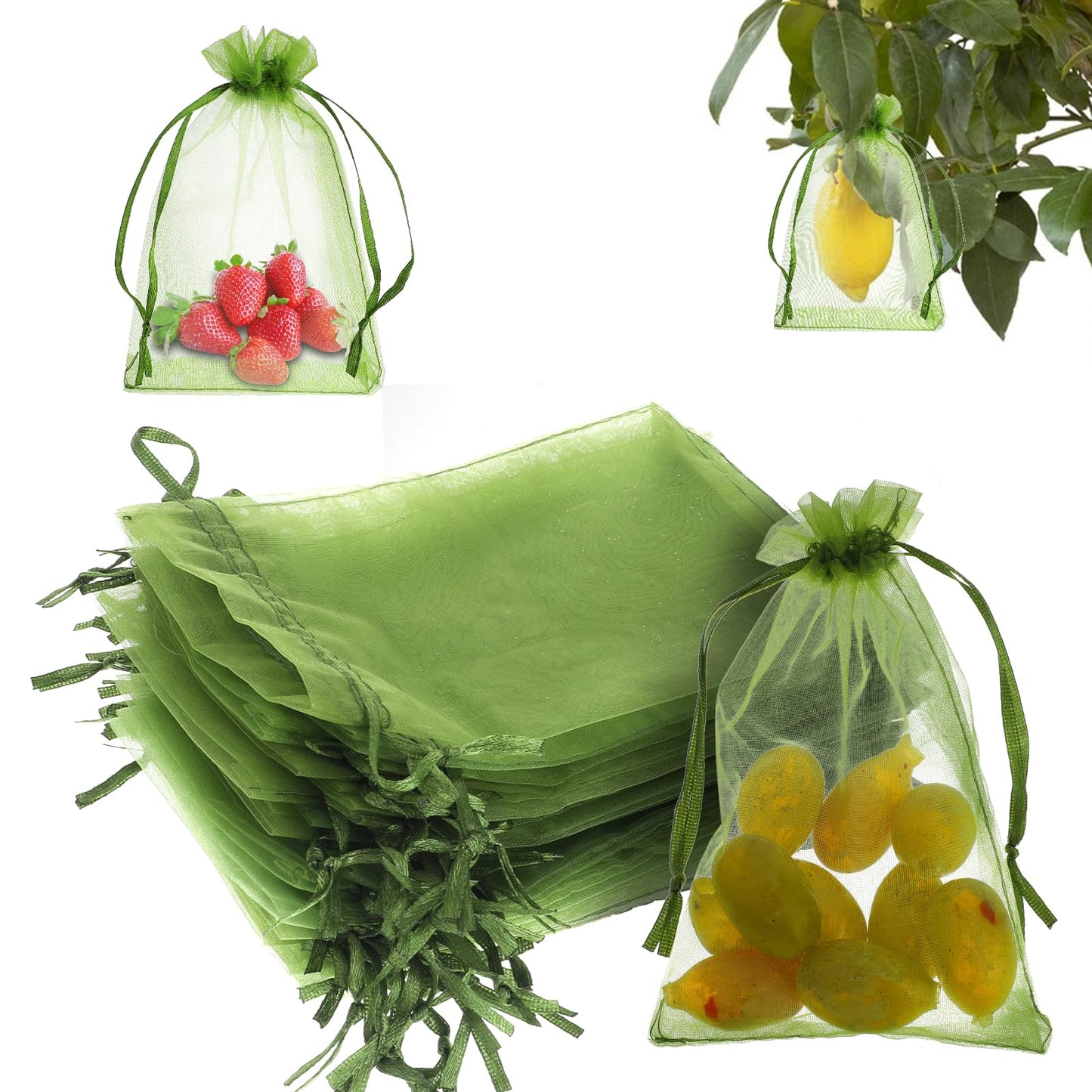 50 PCS Fruit Protection Bags 4x6 Inch Fruit Bags for Fruit Trees Small Fruit Cover Bags Green Fruit Cover Mesh Bag with Drawstring Reusable Netting Bird Pest Barrier Bags for Garden Orchard