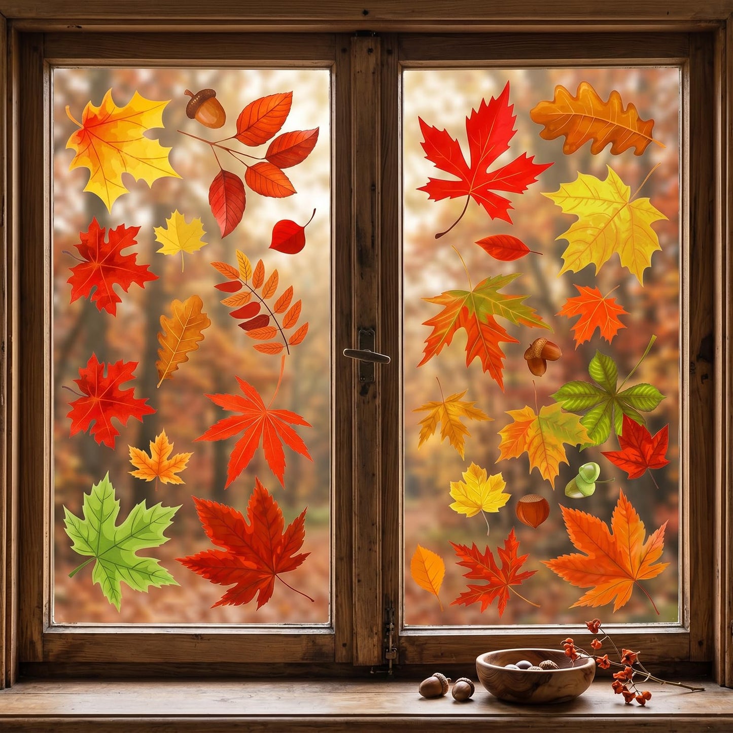 Chsoejuf 6 Sheet Fall Window Clings Double Sided Nuts Maple Leaf Fall Decor
