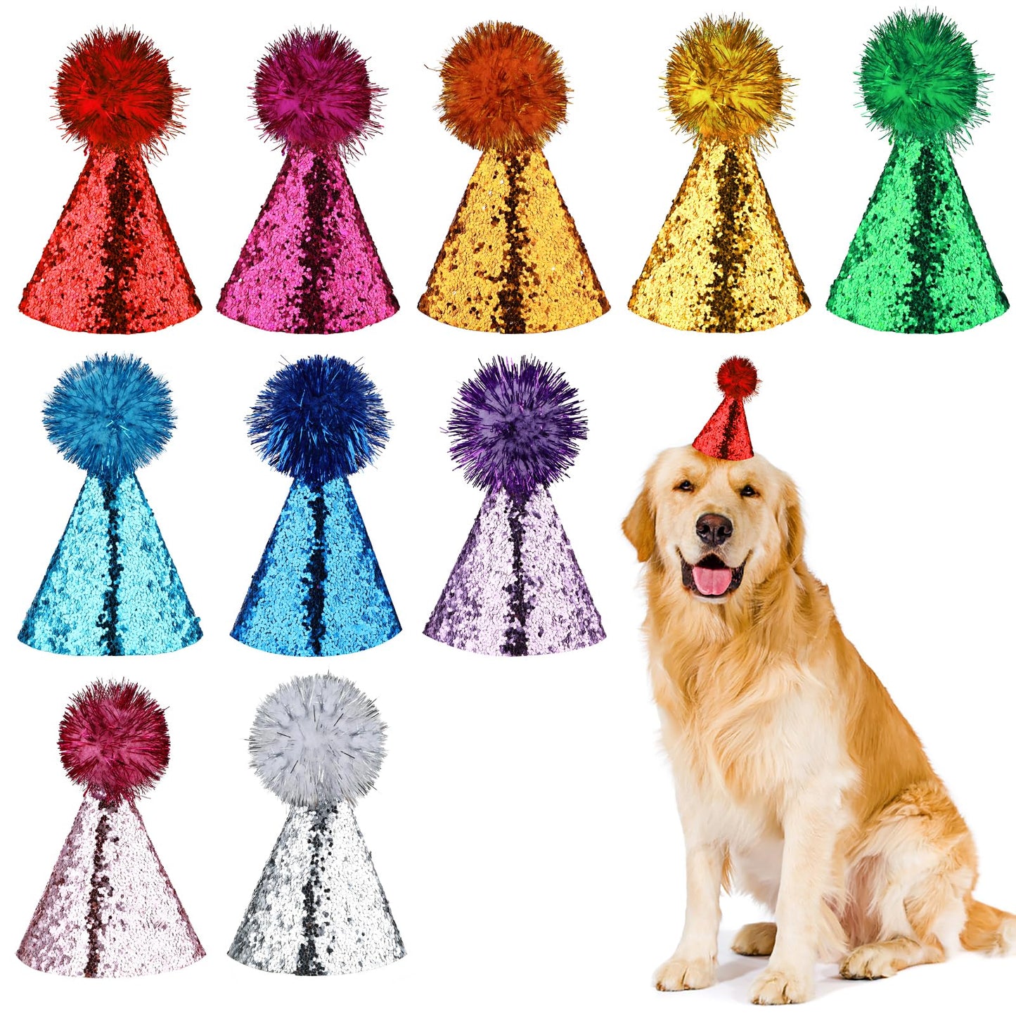 10PCS Party Hat Dog Birthday Hat, Cat Dog Party Hats Multi-Color Cat Hats Mini Party Hats For Stuffed Animals Adjustable Headbands Birthday Hats For Holiday Wedding Puppies Kittens Costume Accessories