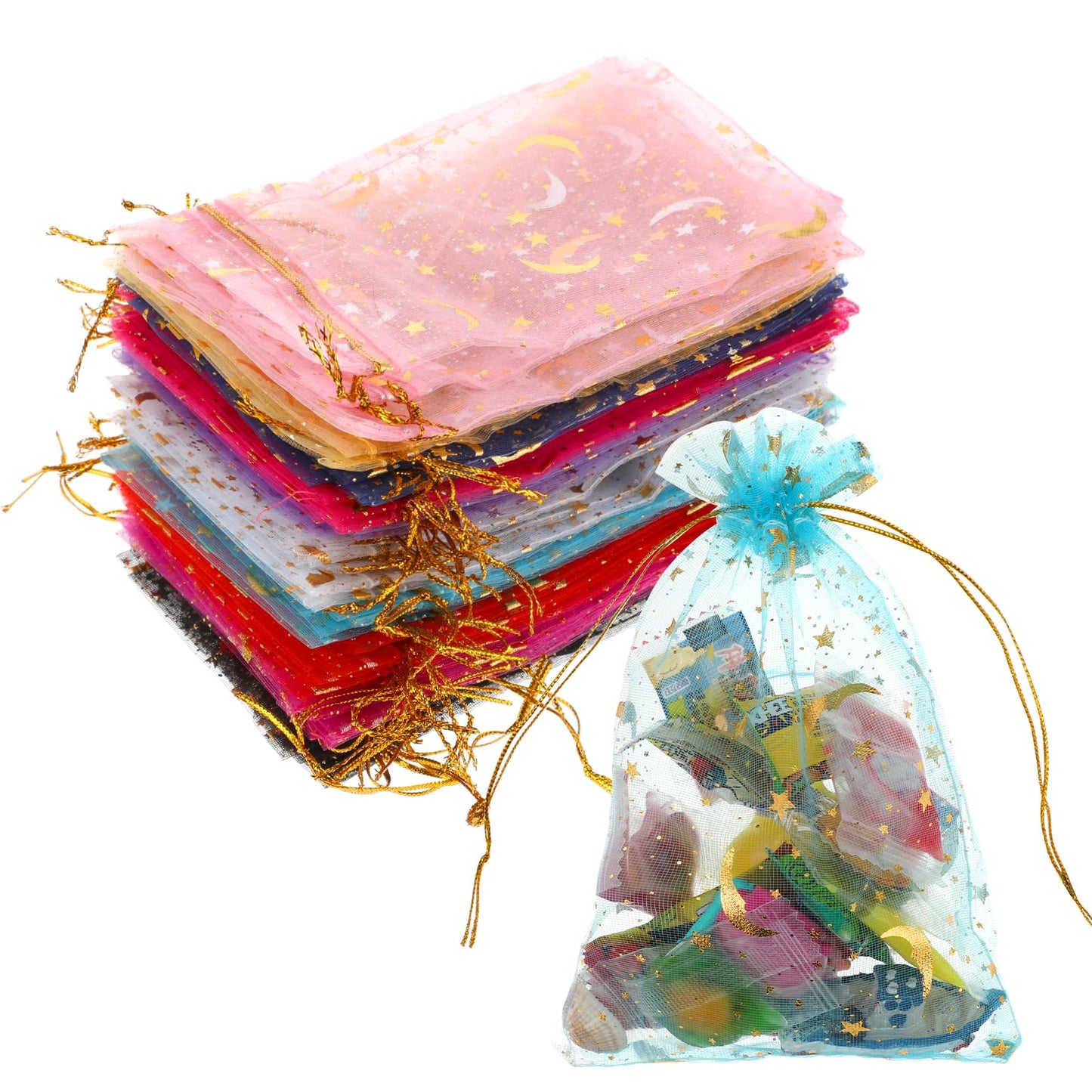 Teaaha 100PCS Jewelry Bags Drawstring 4x6“ Moon Star Organza Drawstring Bags, Mixed Color Wedding Favors Mesh Gift Bags Sachet Candy Pouches for Party, Jewelry, Christmas, Festival, Eid Mubarak Party