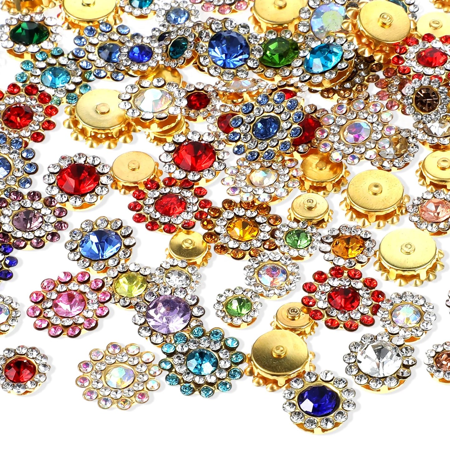 100PCS Sew on Rhinestones for Crafting, Multicolor Crystal Glass Gems with Metal Base Flower Claw Flatback Embellishments, Bedazzling Rhinestones for Clothes Shoes & Sewing Accessories (8/10/12/14 mm)