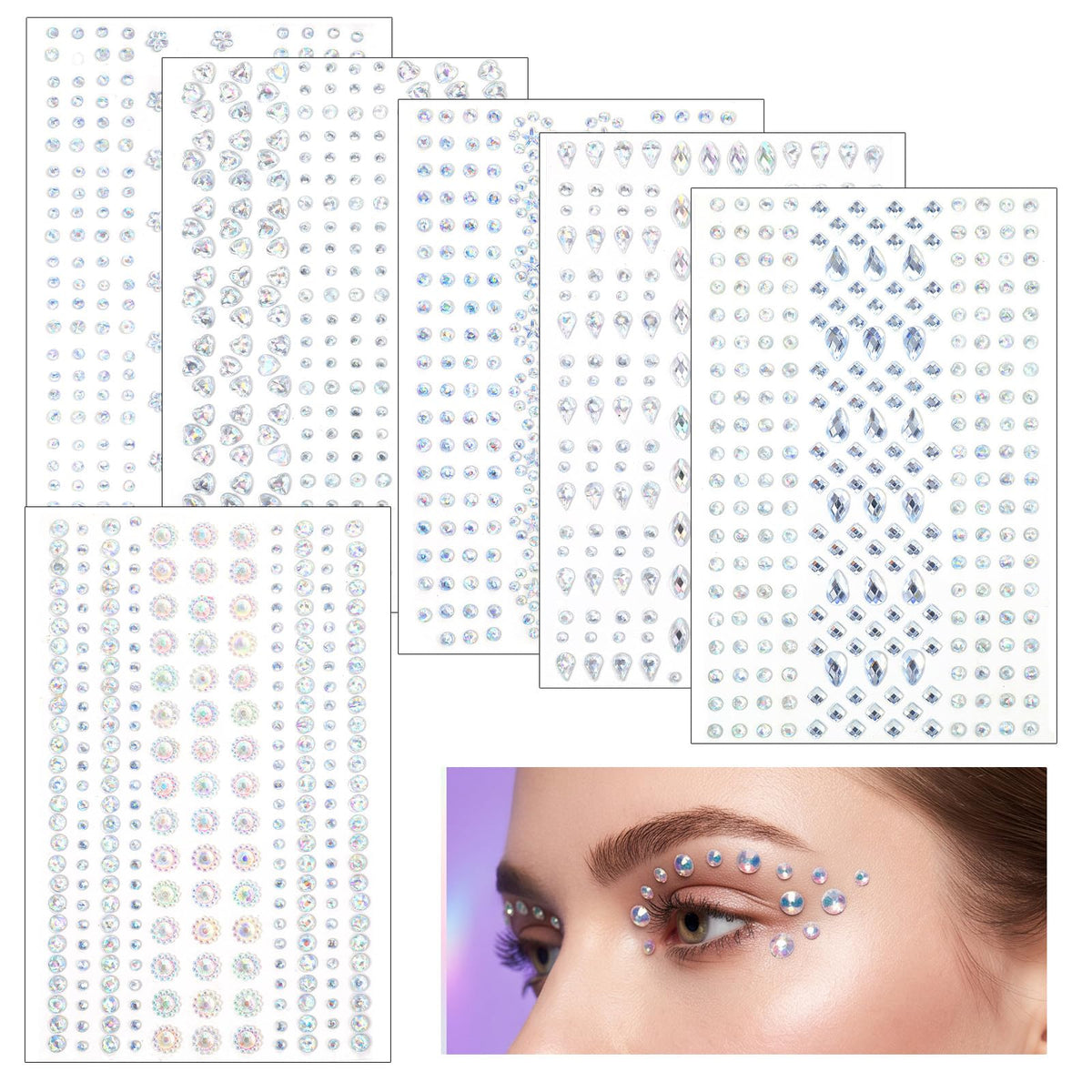 Bnehmb 6 Sheets Face Rhinestones, Self-Adhesive Face Jewels for Women