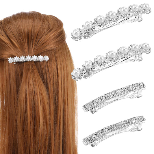 Xinjoduz 4 PCS Sparkly Rhinestone Hair Clips, Silver Crystal Ponytail Holder Side Clips Bling Pearl Metal Spring Small Hair Barrettes for Women Girls Bridal Wedding Engagement Prom Valentines