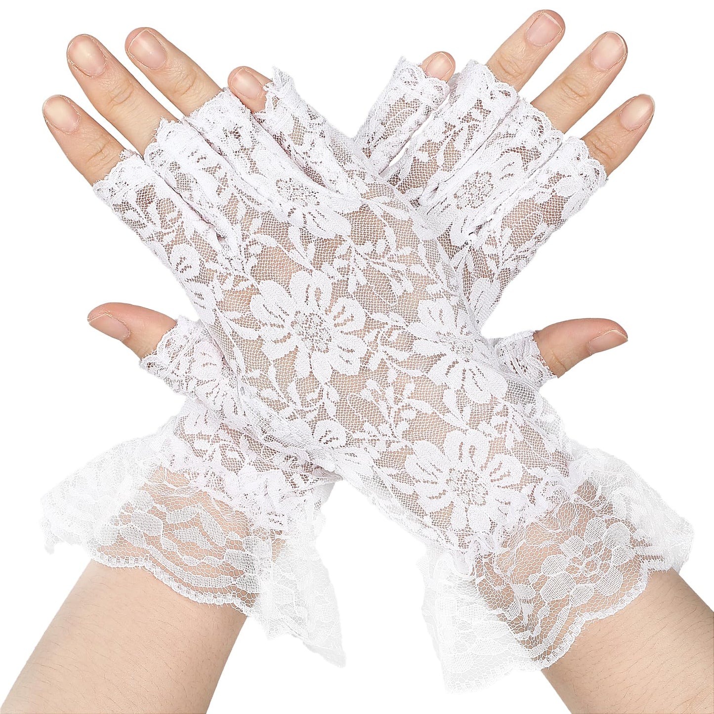 Bremorou White Short Lace Gloves Sunblock Fingerless Lace Gloves Short Bridal Lace Floral Gloves Sunblock Lace Mesh Gloves Tea Party Gloves For Wedding Bridal Dinner Parties (White)