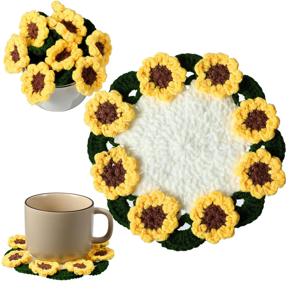 Crochet Flower Bouquet Coasters Handmade Sunflower Coasters