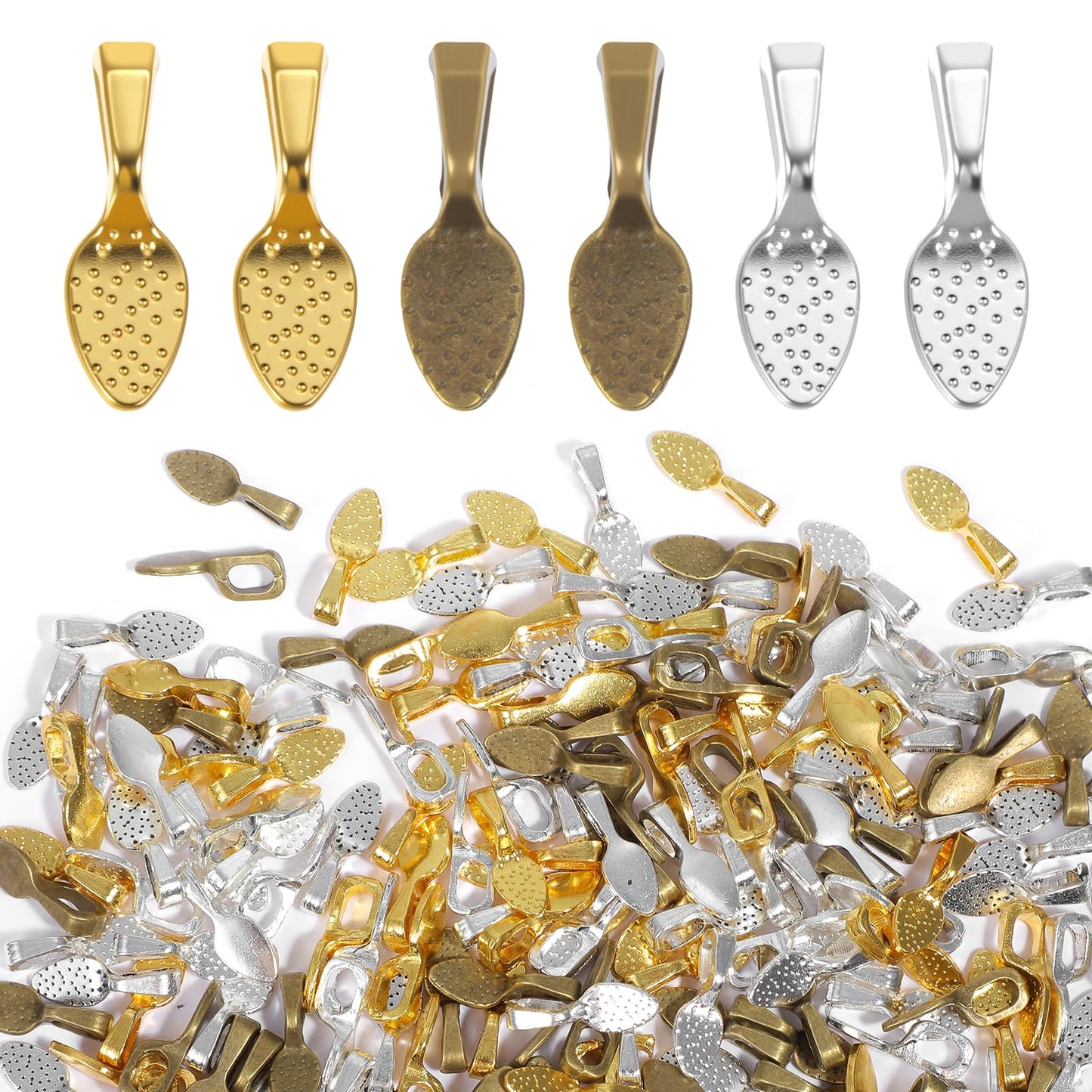 200 PCS Glue on Bails 0.59" Shovel Pendant Bails Jewelry Bales for Pendants Spoon Metal Earring Bail Flat Pad Necklace Finding Glue on Pinch Bail for Jewelry Making Earring DIY Crafts (Color Mixing)