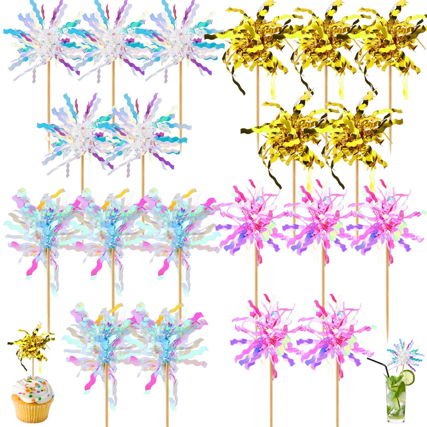 Ouligay 20Pcs Firework Cupcake Toppers Sparkle Tinsel Cake Decoration Kits Cake Toppers Foil Cocktail Accessories for Birthday Wedding Christmas Party