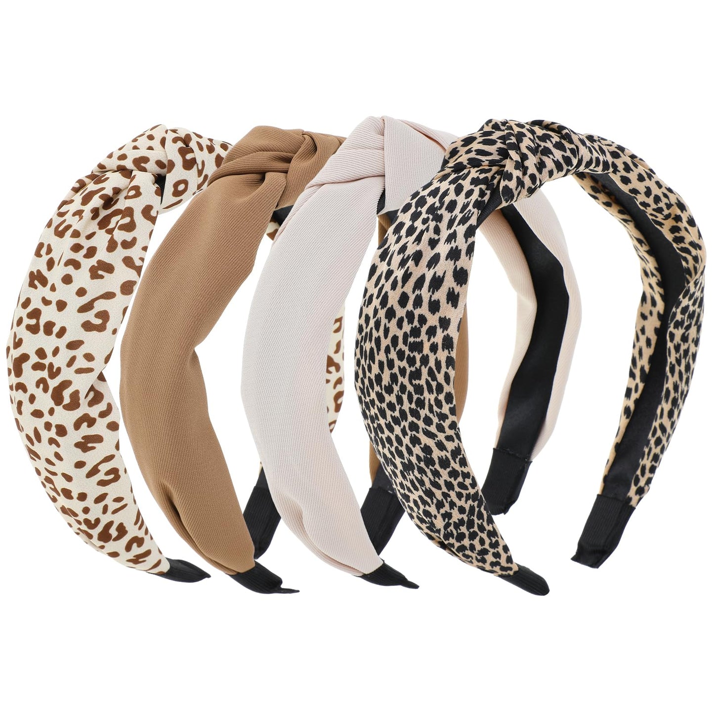 4 Pcs Top Knot Headband For Women Non-Slip Knotted Headbands With Leopard Print Wide Top Knot Hair Hoops Leopard Print Headbands For Women Beige Brown Hair Accessories Set