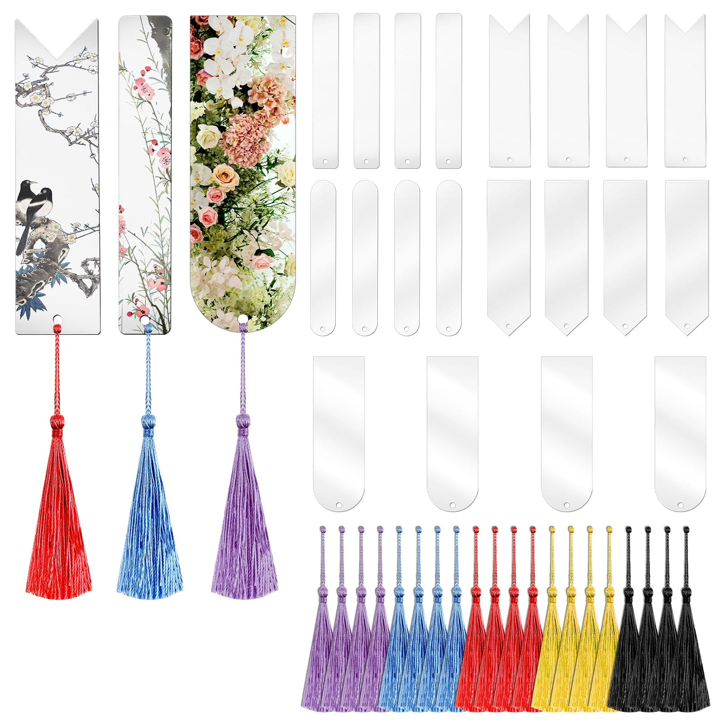 Tyqour 20pcs Acrylic Bookmark Blank DIY Bookmarks Bulk Bookmark Making Kit Book Marks for Children 20pcs Tassels for Bookmarks Make Your Own Bookmark(5 Shape)