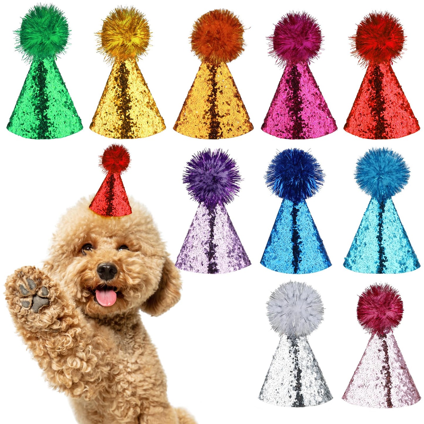 10PCS Party Hats for Stuffed Animals Dog Birthday Hat Multi-color Cat Mini Party Hats Adjustable Headbands Hat for Holiday Wedding Puppies Kittens Costume Accessories (3.5× 2.9 Inches)