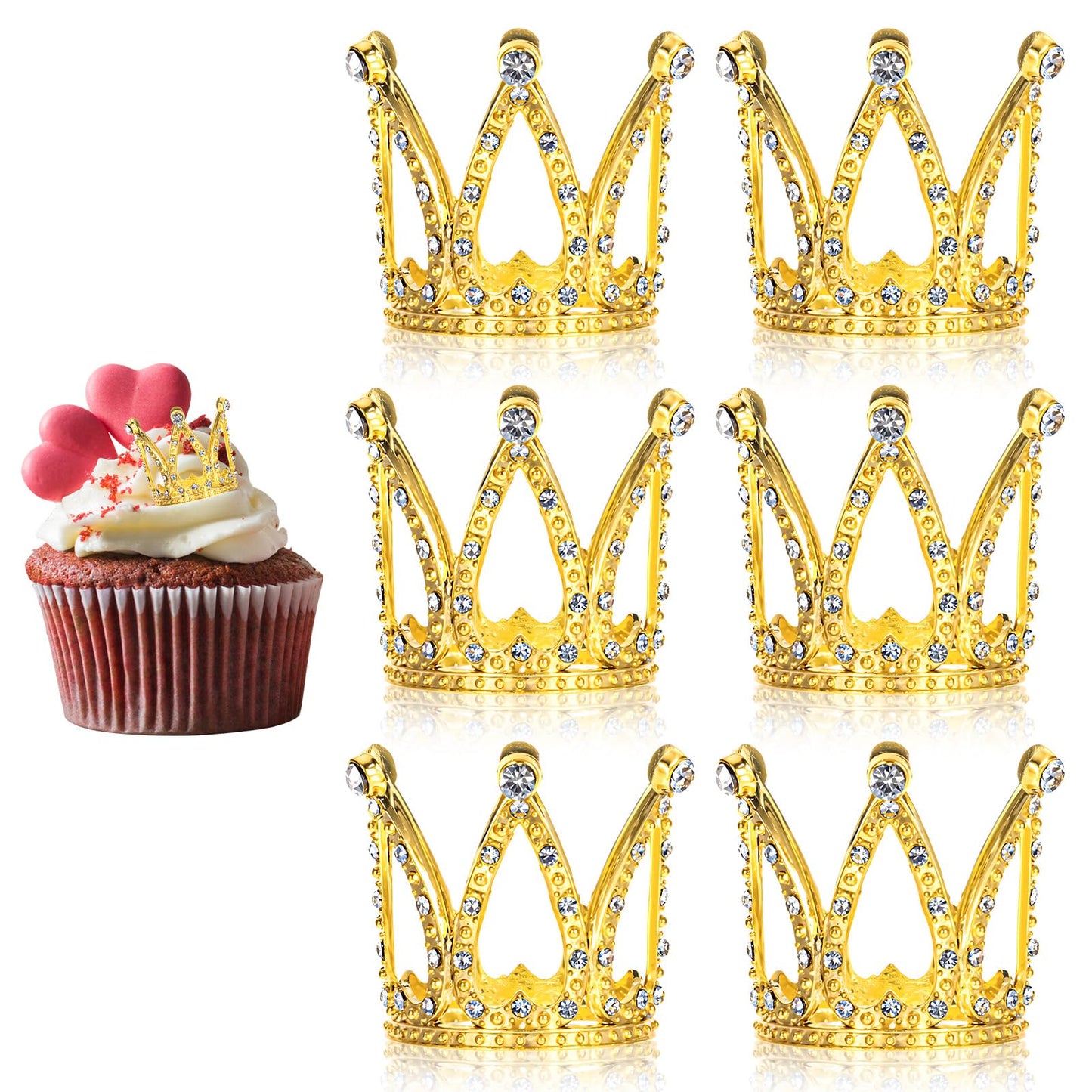 Ouligay 6 Pcs Gold Crown Cake Topper,Mini Crown for Flowers Bouquets,Gold Cake Decorations for Women Girl Princess Birthday Wedding Party Cupcake Decor(Rhinestone Style)